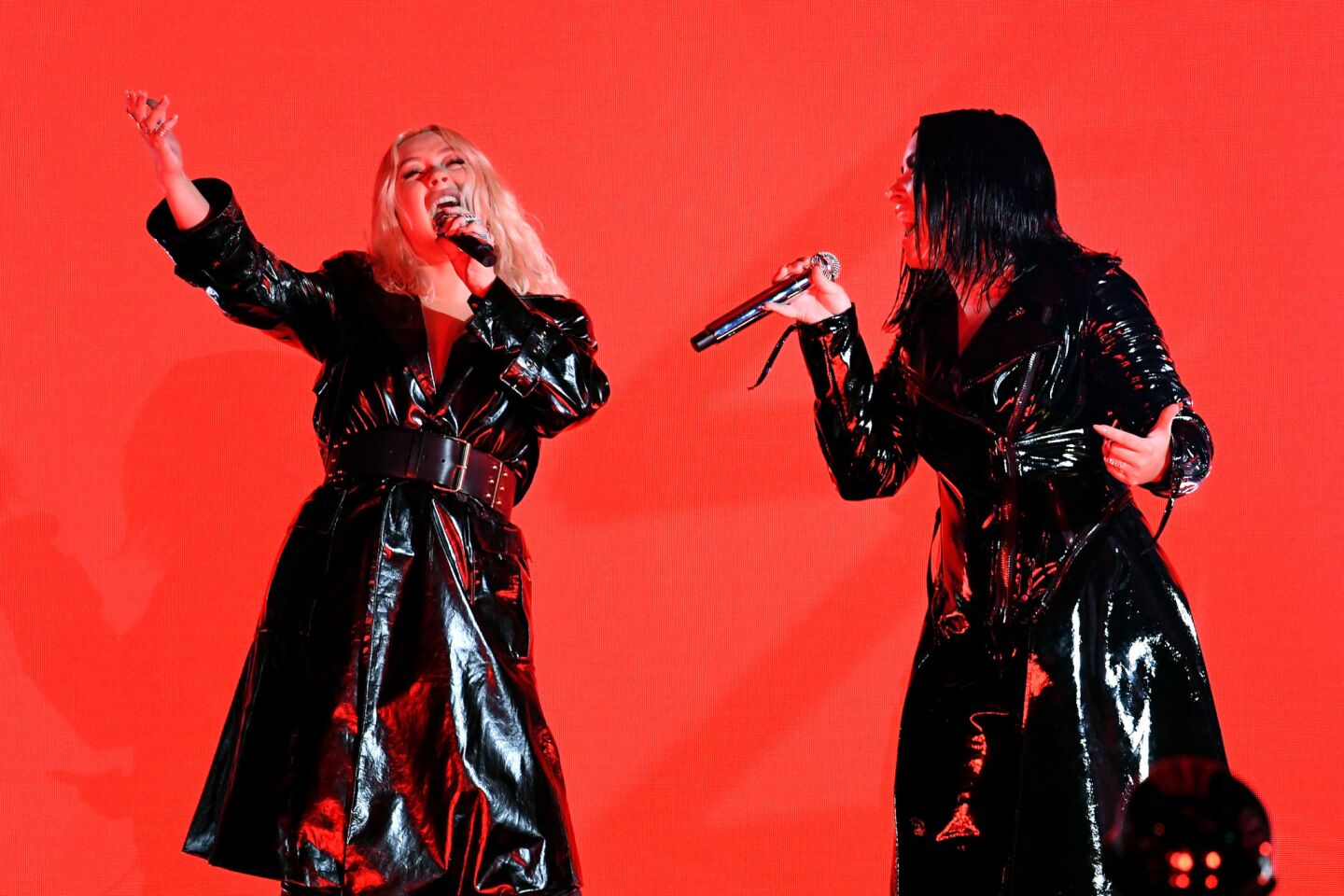 Christina Aguilera, left, and Demi Lovato perform during the 2018 Billboard Music Awards.