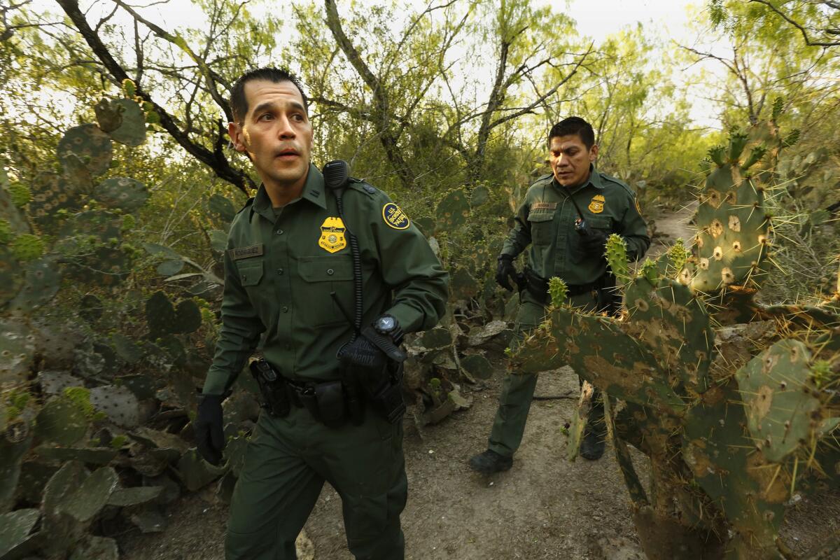 Border Patrol agents Robert Rodriguez, left, and Luiz Rocha search for migrants near Mc Allen, Texas.