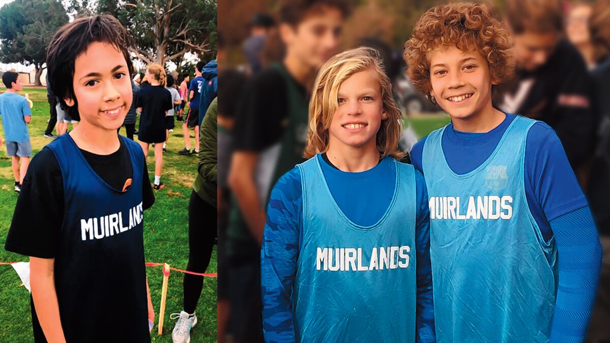 Students from Muirlands Middle School in La Jolla get ready for San Diego Unified School District’s middle school cross-country meet Nov. 20, 2019 at Morley Field Sports Complex in Balboa Park, San Diego. LEFT: Anthony Scheder. RIGHT: Wyatt Griffis and Ilya Davydov.