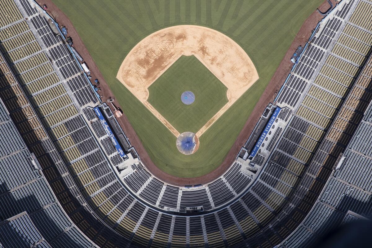 An aerial view of the diamond at Dodger Stadium.