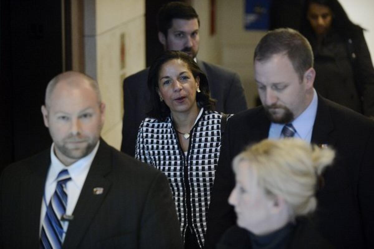 Ambassador to the United Nations Susan Rice walks out of a meeting with Sen. Bob Corker (R-Tenn.) on Wednesday.
