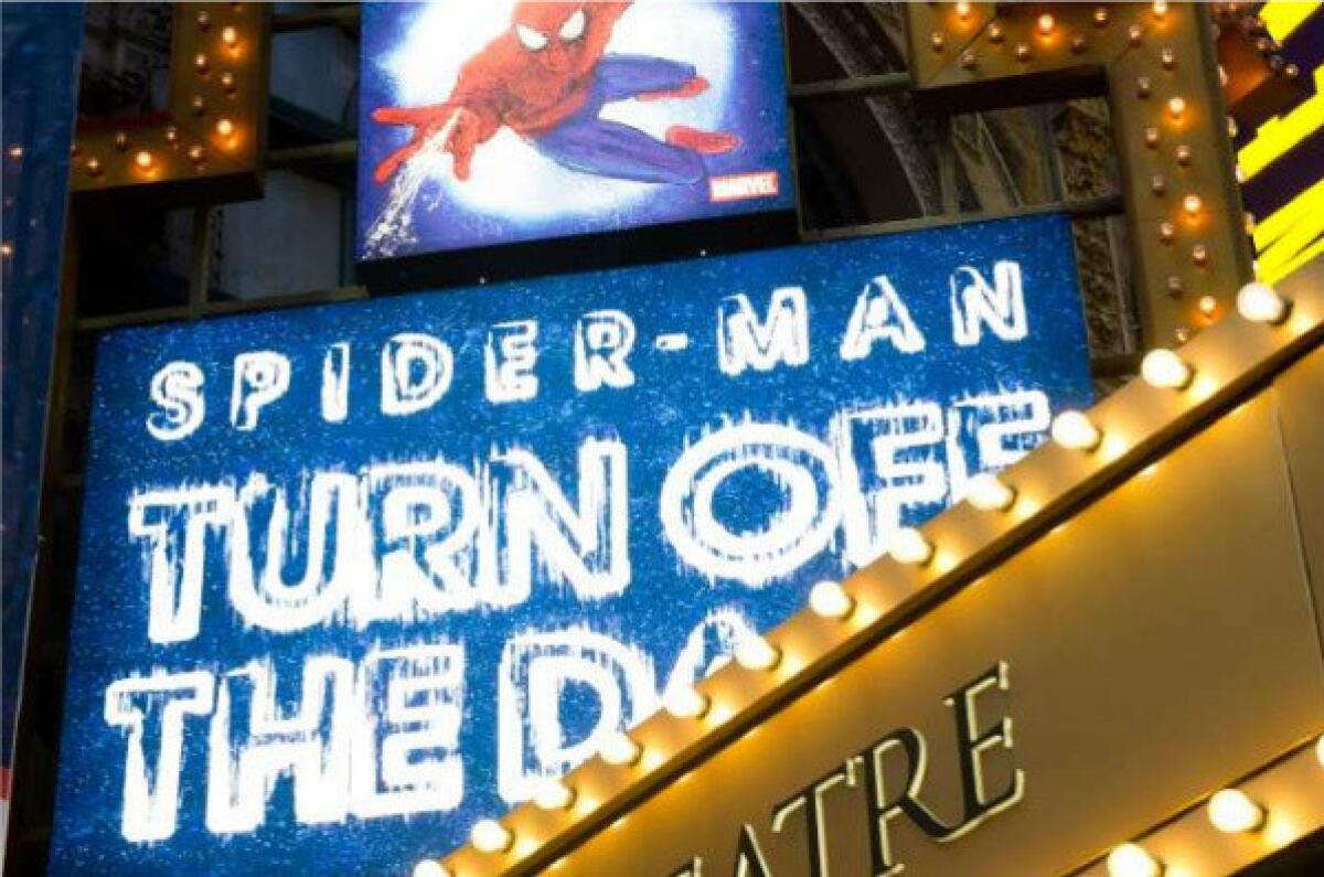 The marquee for the Broadway musical "Spider-Man Turn: Off the Dark" outside of the Foxwoods Theatre on West 42nd Street in New York.