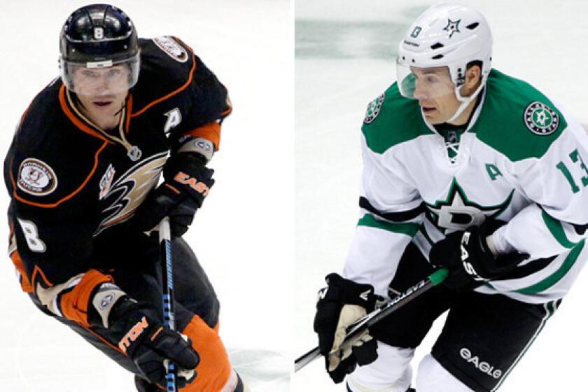 Ducks winger Teemu Selanne, 43, left, and Stars winger Ray Whitney, 41, both broke into the NHL in the early 1990s.