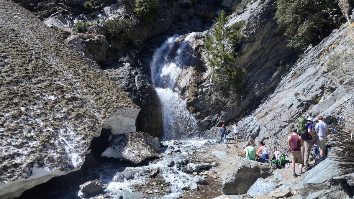 San Antonio Falls is the end point of a 1.2-mile hiking trail that begins near the village of Mt. Baldy, about an hour's drive east of downtown Los Angeles.