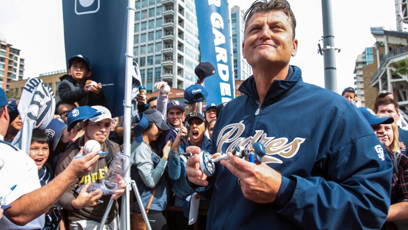 Former Padres closer Trevor Hoffman signs autographs for fans during the Celebrate San Diego Rally at Petco Park in San Diego on Saturday, Feb. 11, 2017. |