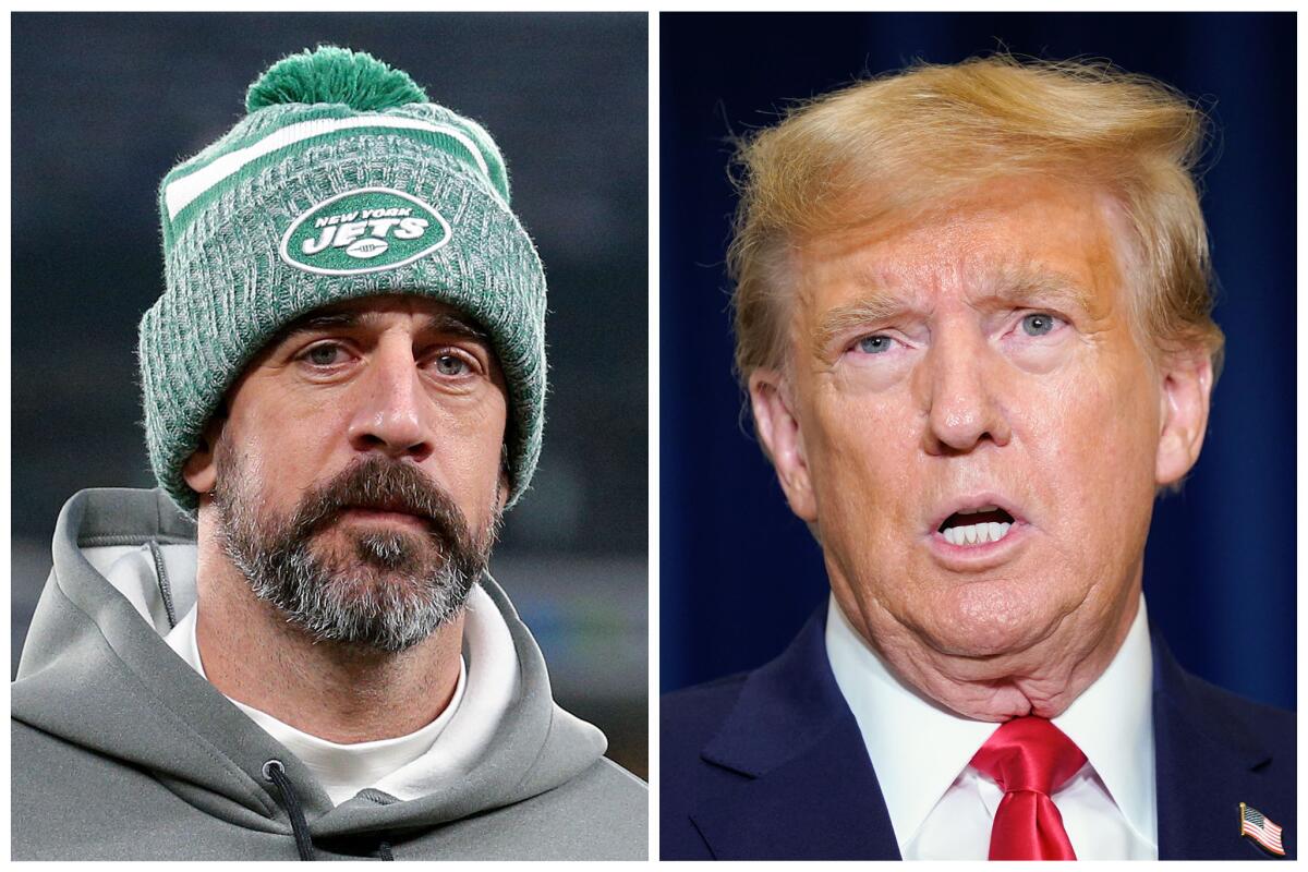 New York Jets quarterback Aaron Rodgers, left, and former President Trump, right