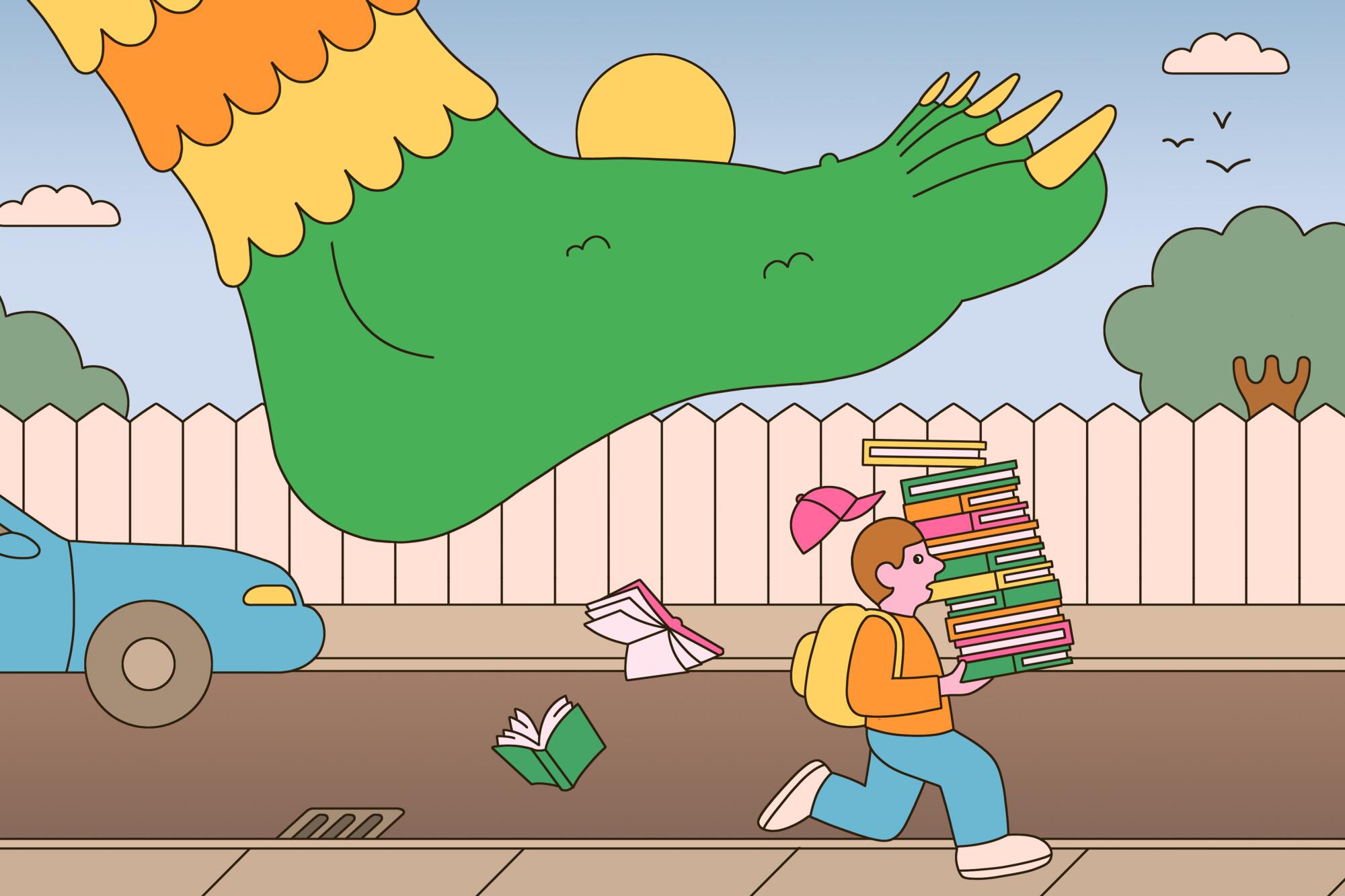 Illustration of a child carrying a stack of books running on the sidewalk away from a giant monster's foot.
