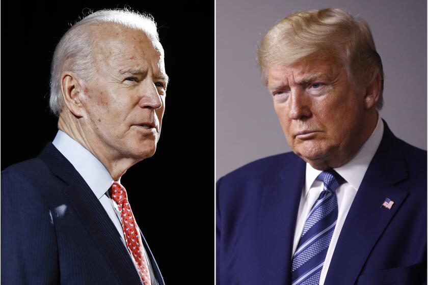 FILE - In this combination of file photos, former Vice President Joe Biden speaks in Wilmington, Del., on March 12, 2020, left, and President Donald Trump speaks at the White House in Washington on April 5, 2020. Early polling in the general election face-off between Trump and Biden bears out a gap between the two contenders when it comes to who Americans see as more compassionate to their concerns. (AP Photo, File)