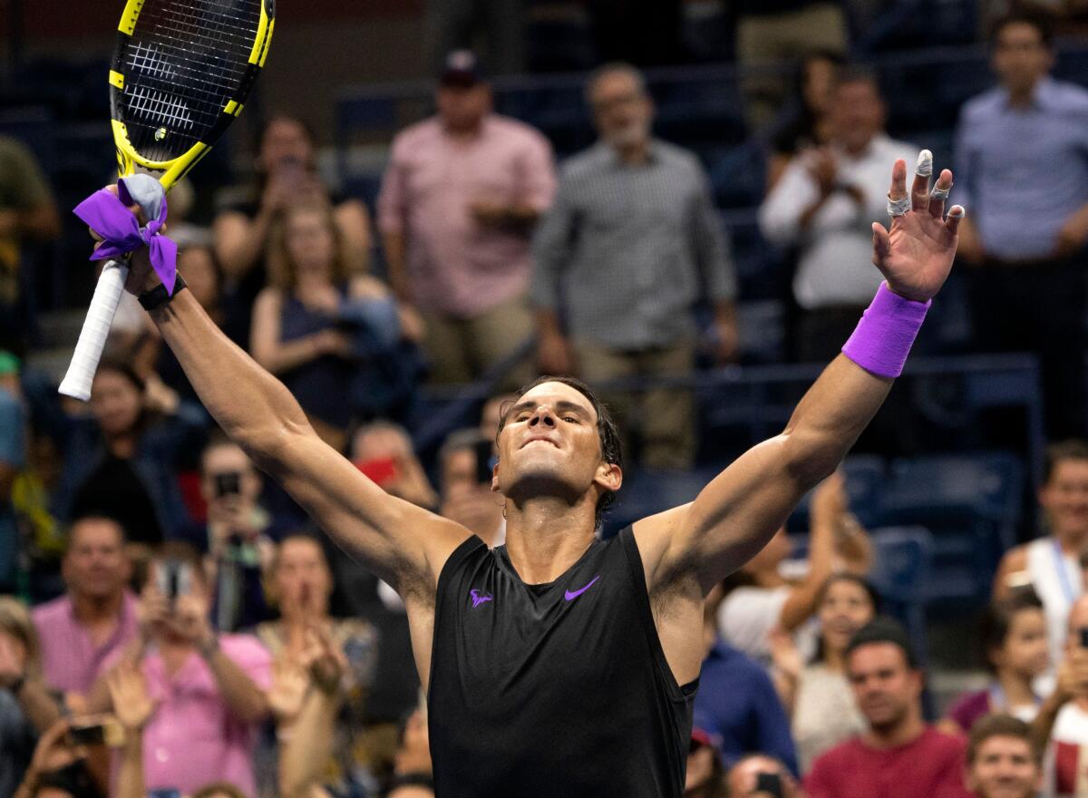 Rafael Nadal celebrates his victorry over Diego Schwartzman during their U.S. Open quarterfinal match in New York on Wednesday.