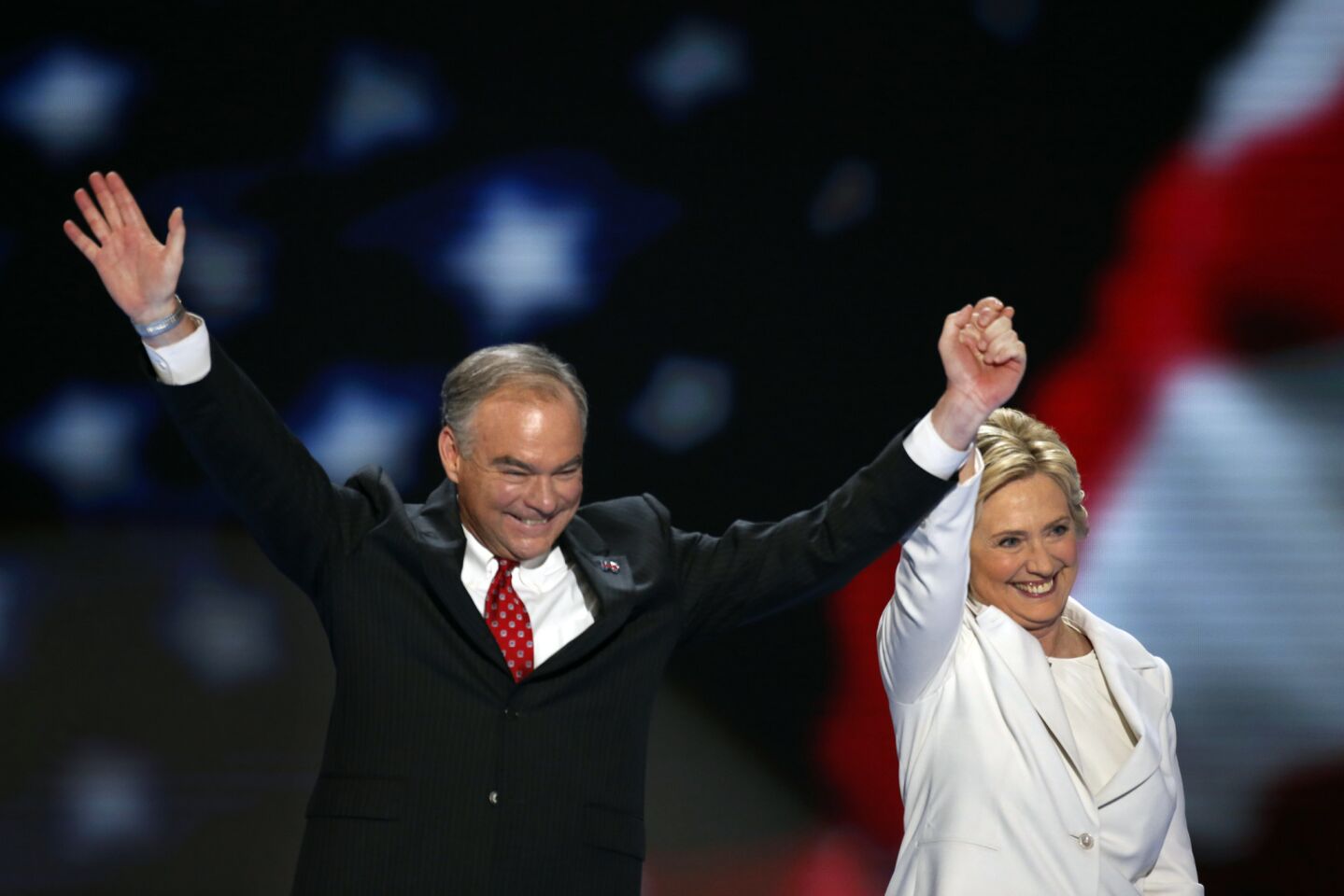 Hillary Clinton becomes the first woman to win the nomination for President in America. Celebration begins with Senator Tim Kaine after she finished her address.