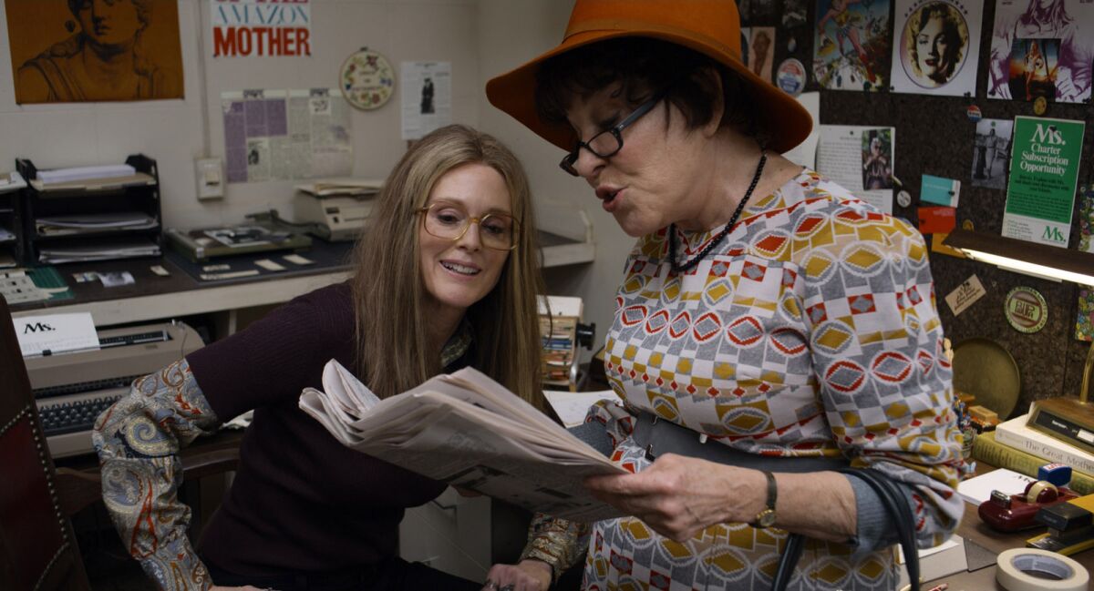 Julianne Moore as Gloria Steinem and Bette Midler as Bella Abzug in the movie "The Glorias."