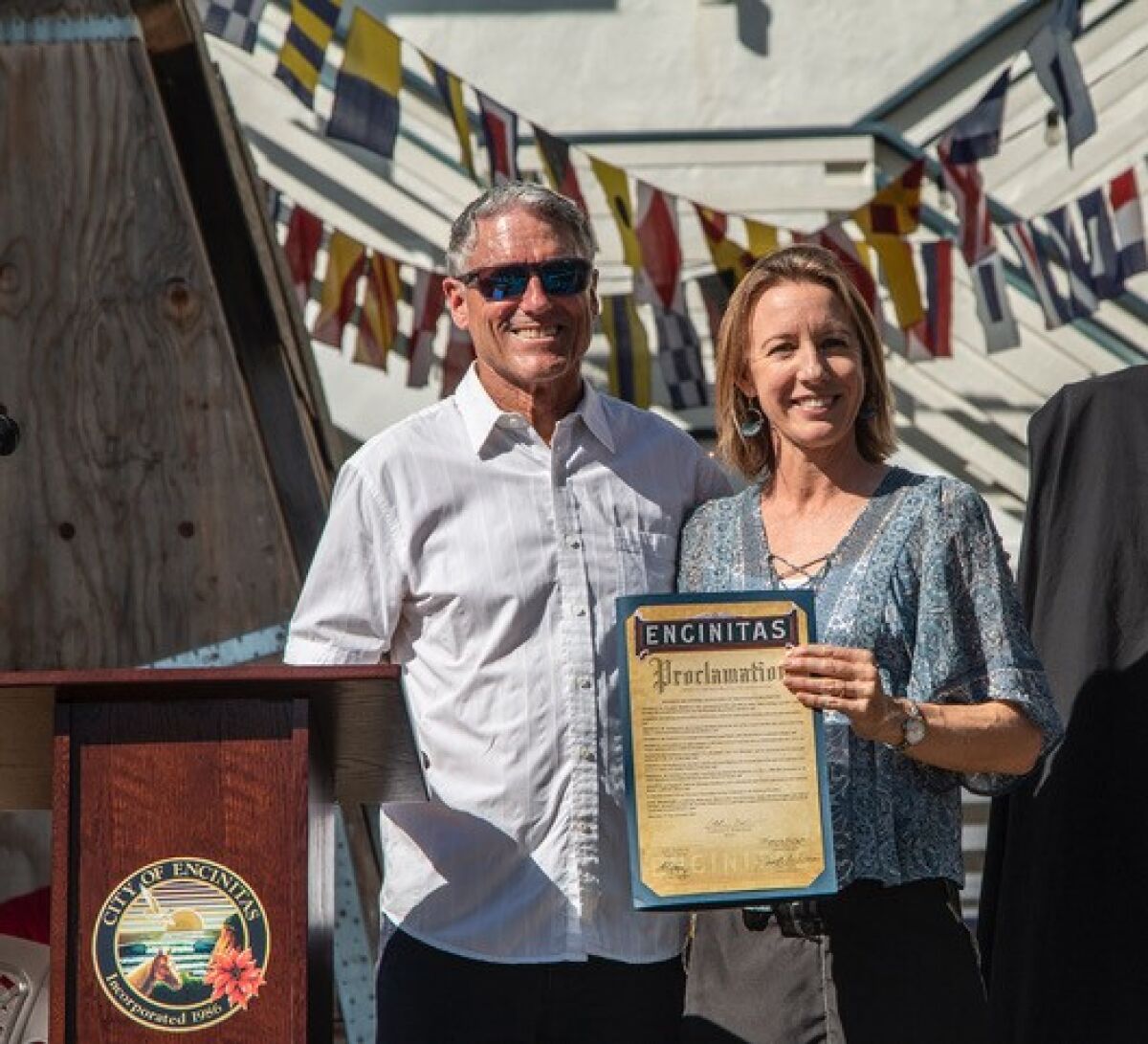 Dedication Ceremony MC Tom Cozens, EPA president, with Mayor Catherine Blakespear