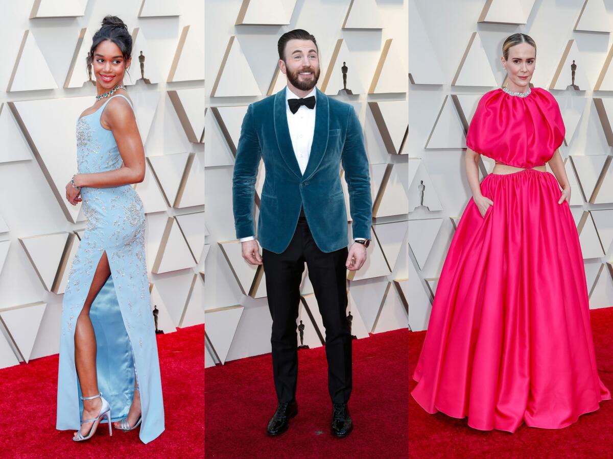 From left, Laura Harrier, Chris Evans and Sarah Paulson