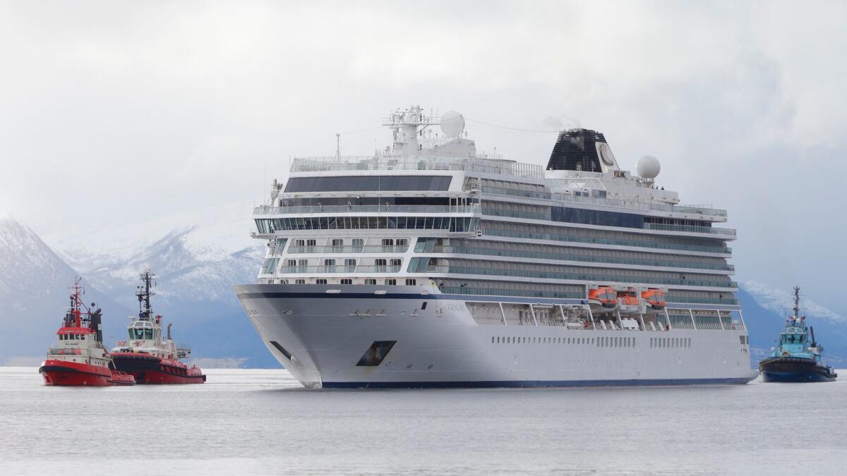 The cruise ship Viking Sky arrives at Molde, Norway, on March 24, 2019. Viking Sky reported engine failure on March 23 in windy conditions off the west coast of Norway in Hustadvika.