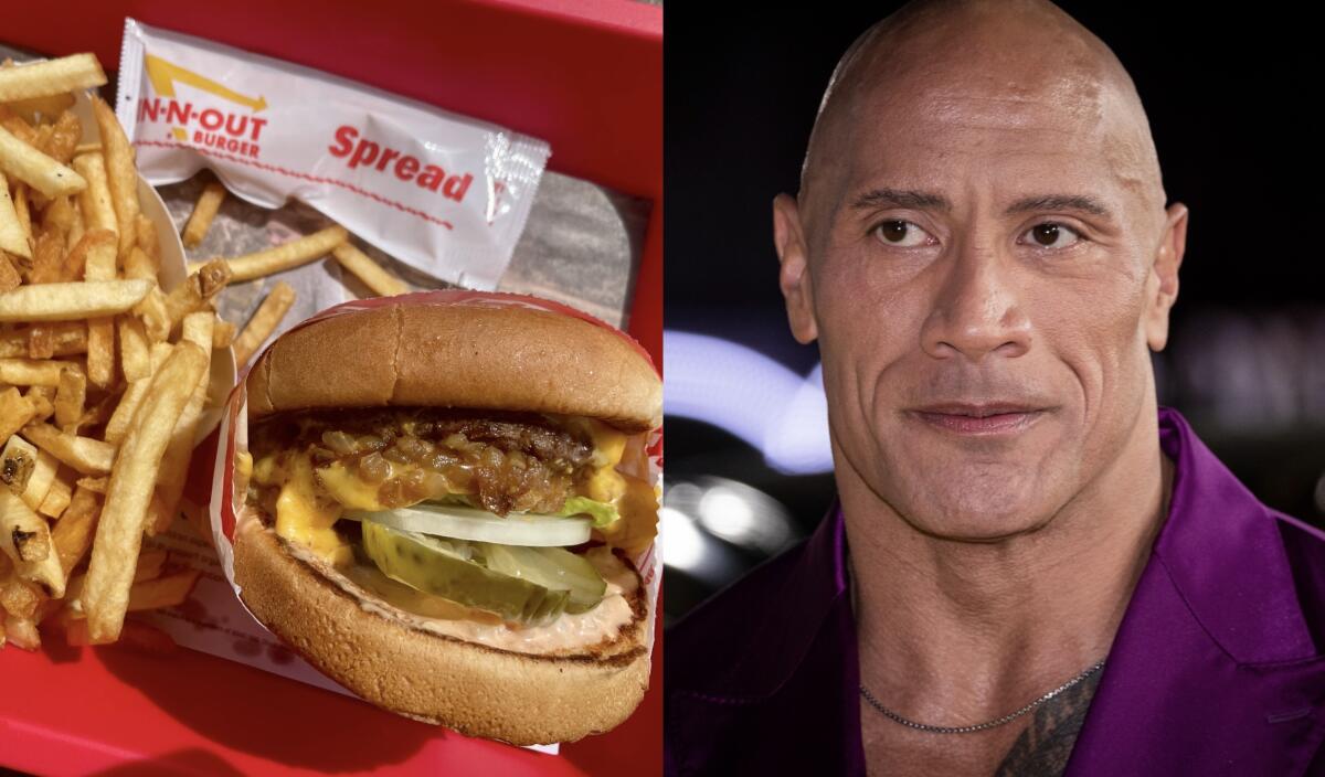 A split image of an In-N-Out burger and fries and a headshot of Dwayne Johnson in a purple shirt and neck chain