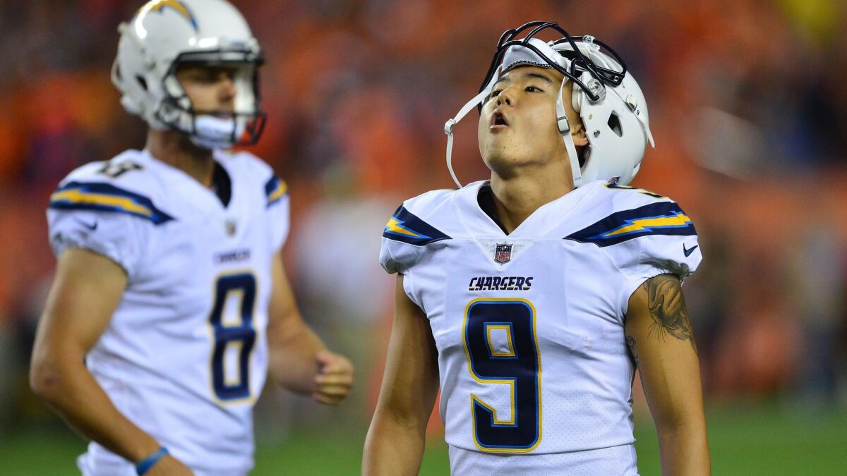 Chargers kicker Younghoe Koo reacts to missing a game-tying field goal in the fourth quarter that would have sent the season opener at Denver into overtime. Koo was released after four games.
