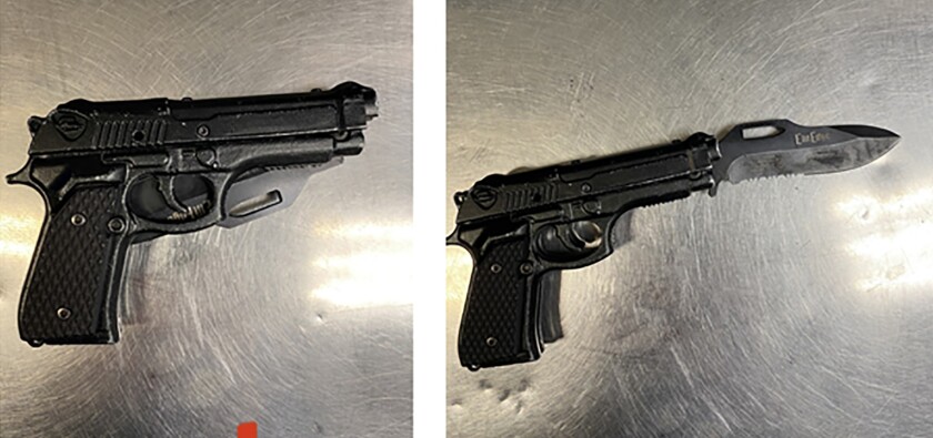 Images of a fake handgun and the gun with a real knife blade protruding from it