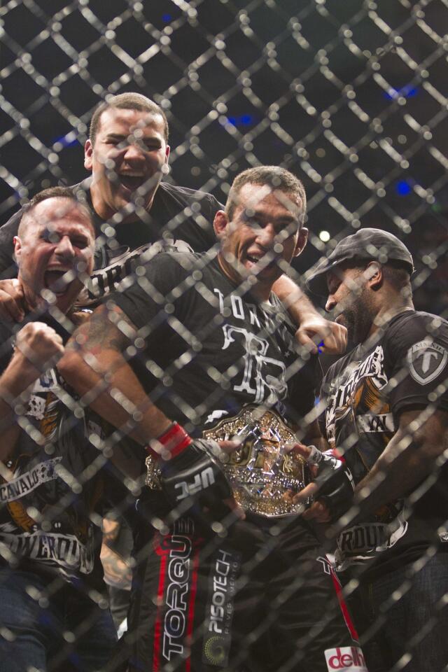 Fabricio Werdum celebrates after beating Mark Hunt for the UFC interim heavyweight belt Saturday night in Mexico City.