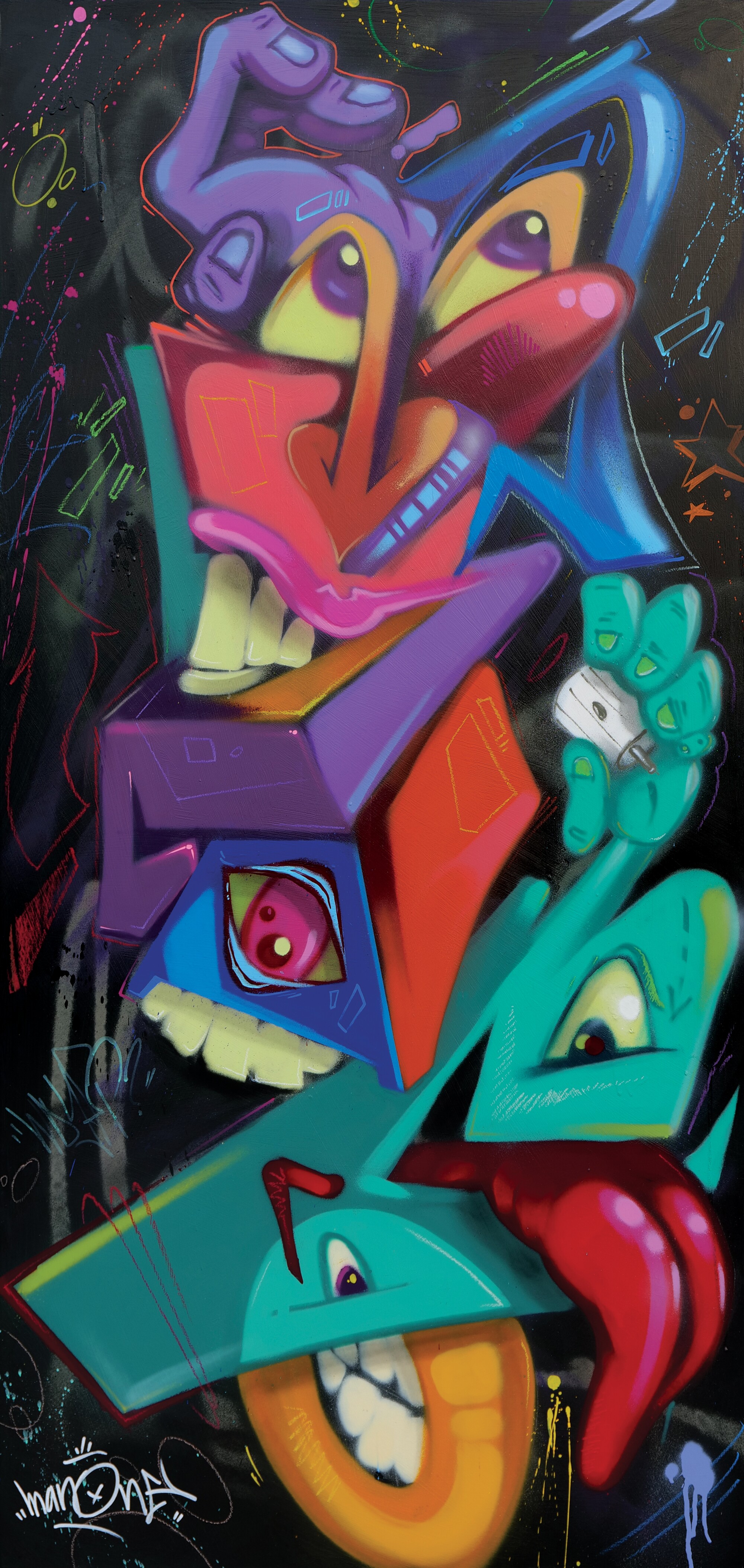   A graffiti-style artwork, a colorful work on a black background.