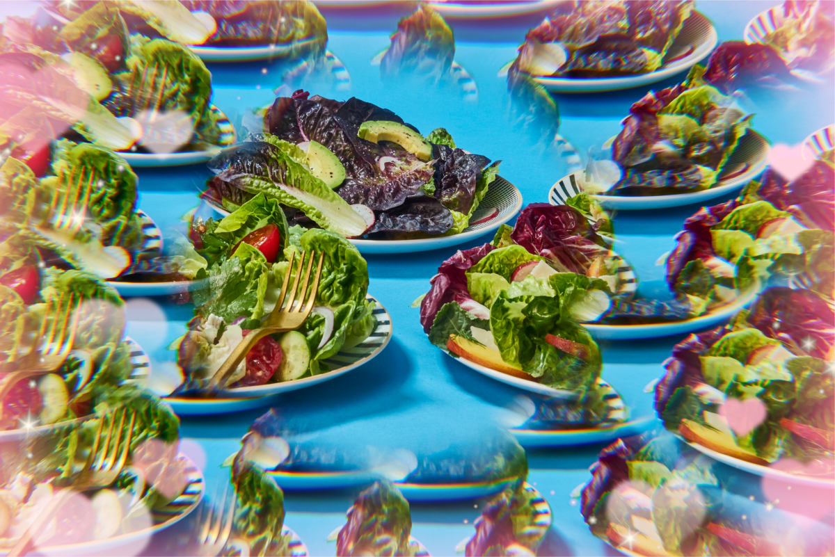 Kaleidoscopic photograph of 3 colorful salads.