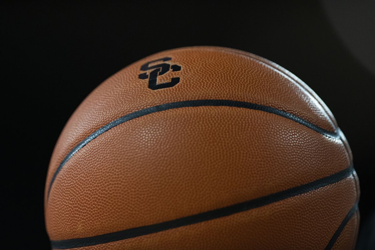 USC logo on a basketball.