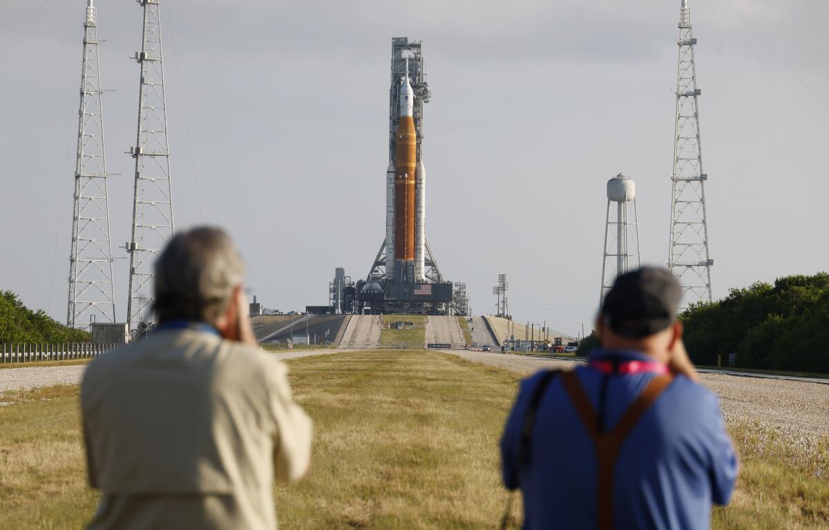 The NASA Artemis rocket with the Orion spacecraft aboard stands on pad 39B at the Kennedy Space Center in Cape Canaveral, Fla., Wednesday, Aug. 17, 2022. NASA is aiming for an Aug. 29 liftoff for the lunar test flight. (AP Photo/Terry Renna)