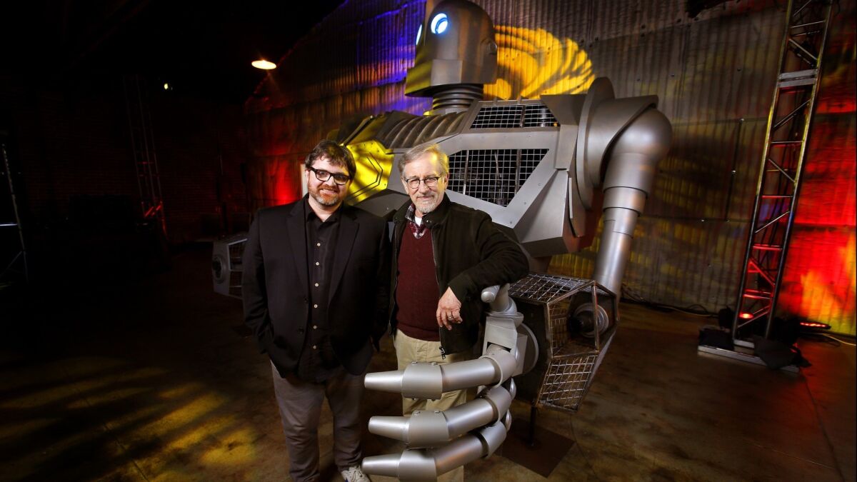 "Ready Player One" author Ernest Cline, left, and director Steven Spielberg photographed in Los Angeles on March 15, 2017.