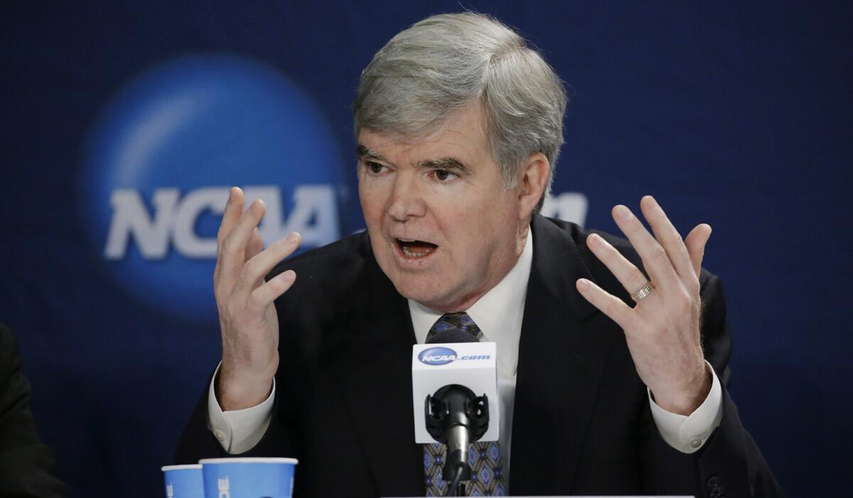 NCAA President Mark Emmert addresses the media during a news conference before the NCAA board of directors meeting on April 6.