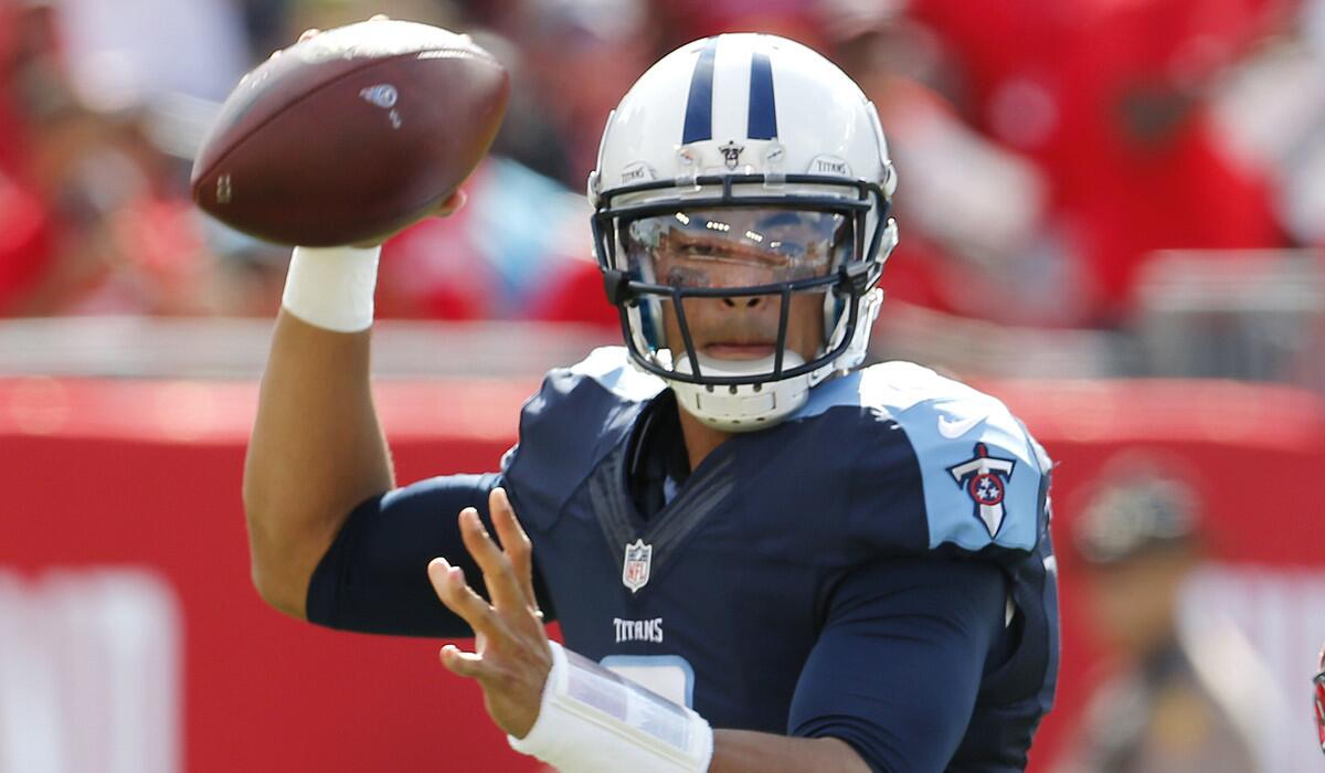 Tennessee Titans quarterback Marcus Mariota looks to pass during the first half against the Tampa Bay Buccaneers on Sept. 13.