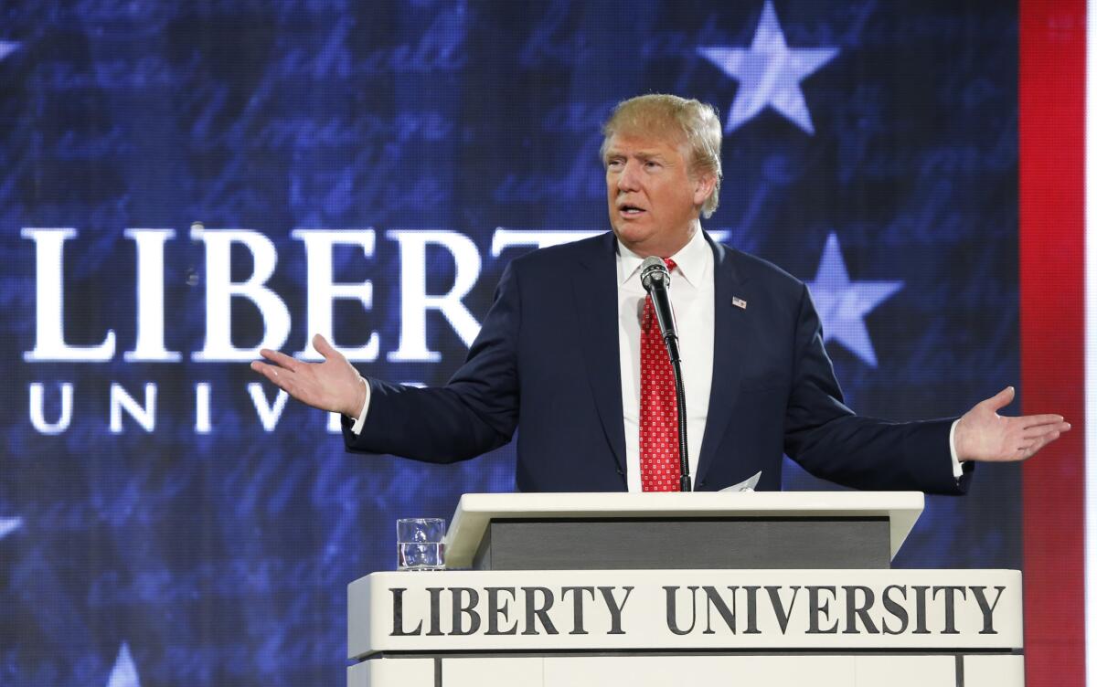 Republican presidential candidate Donald Trump gestures during a speech at Liberty University in Lynchburg, Va on Jan. 18.