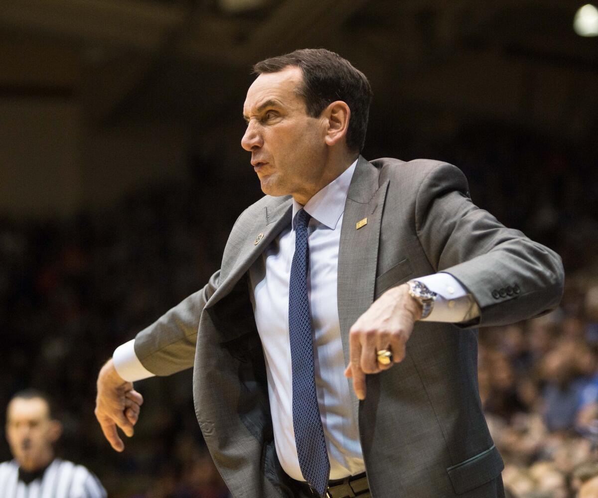 Duke Coach Mike Krzyzewski shouts to the court during a game against Syracuse on Monday.