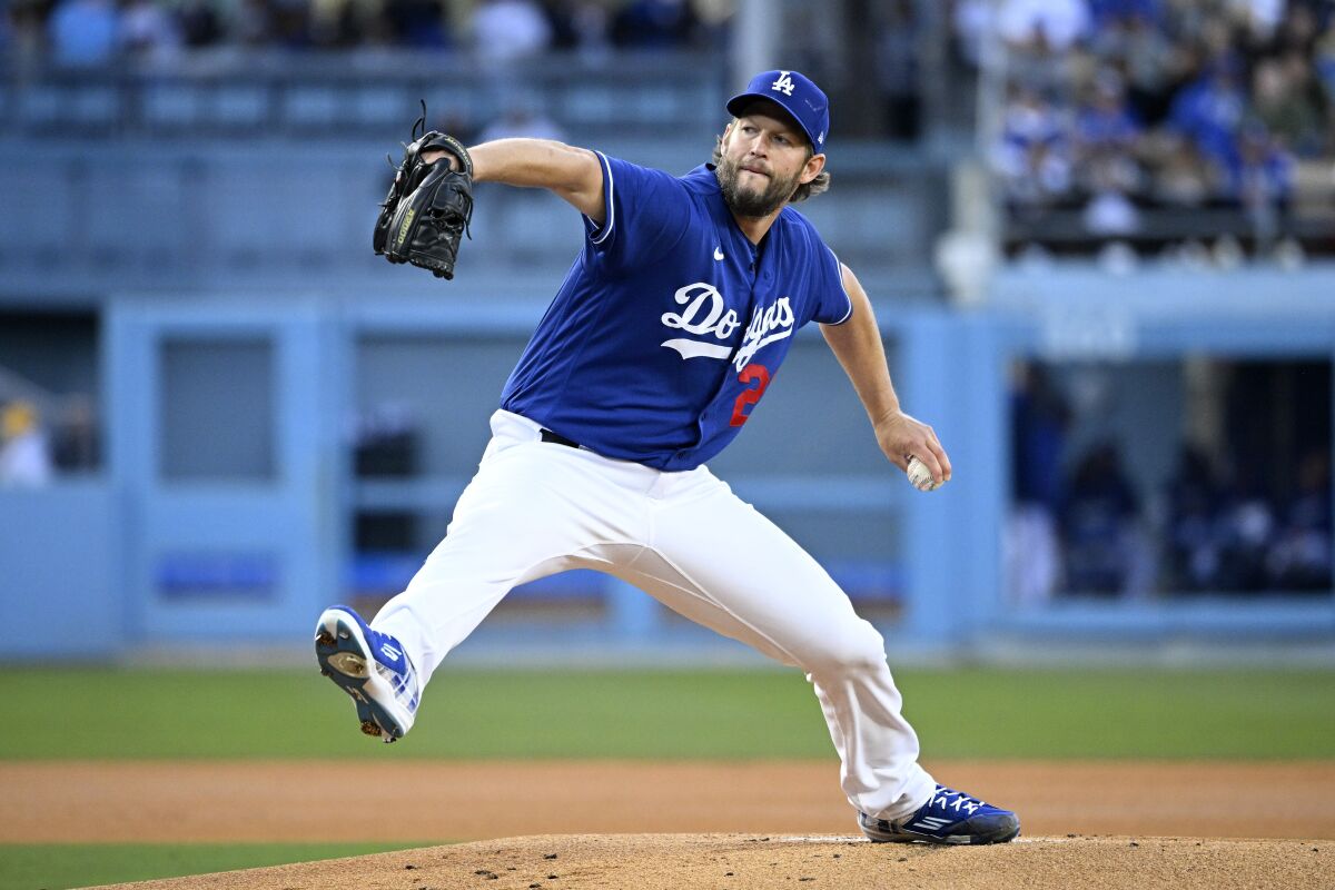 Dodgers' Clayton Kershaw pitches against the Angels on March 26, 2023, at Dodger Stadium.