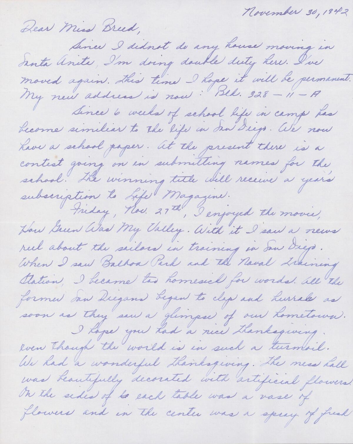A 1942 letter from Louise Ogawa to Clara Breed (Japanese American National Museum)