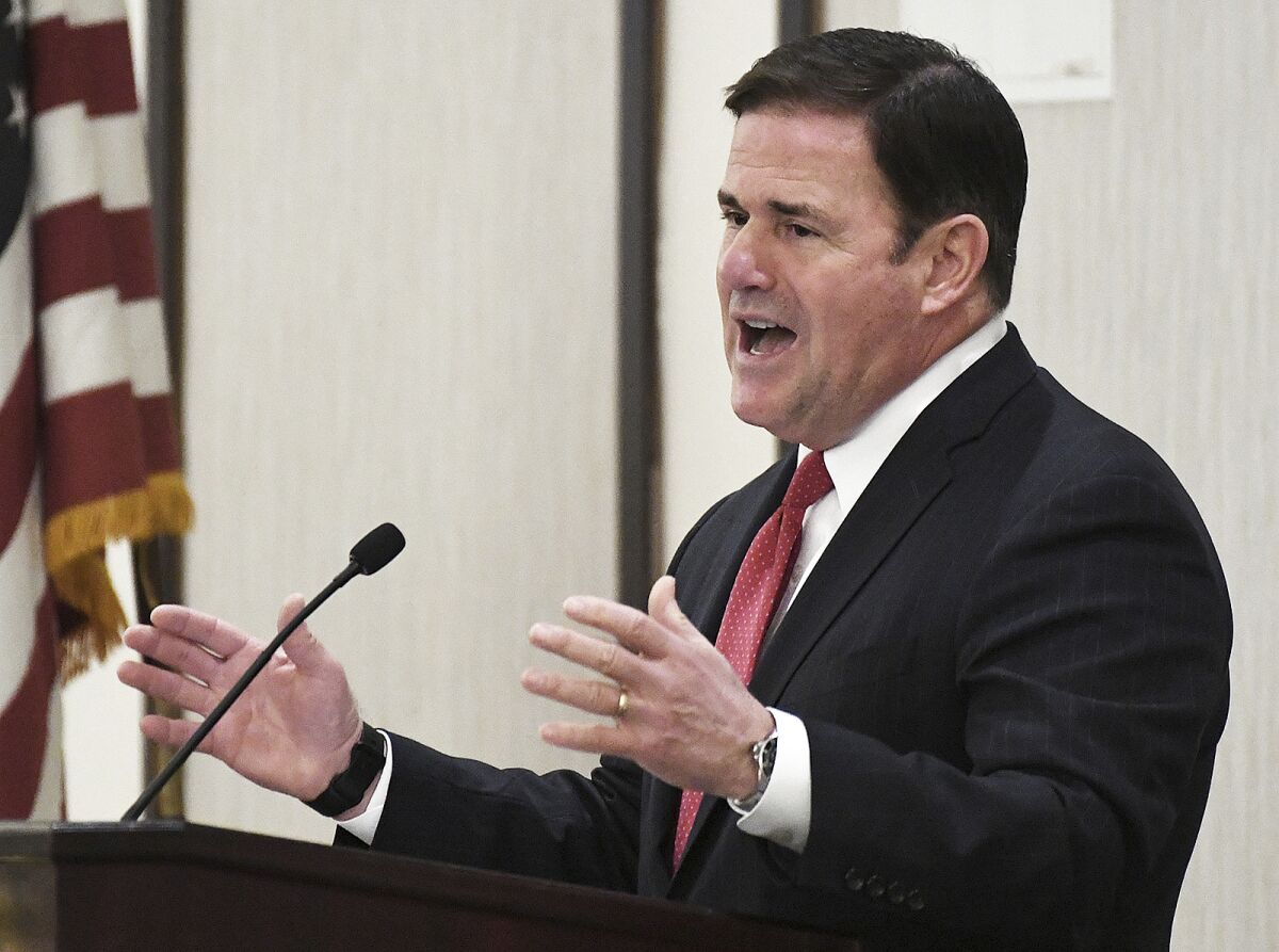 Arizona Gov. Doug Ducey re-delivers his State of the State address in front of a Yuma crowd Thursday, Feb. 17, 2022 inside Pivot Point Conference Center. (Randy Hoeft/The Yuma Sun via AP)