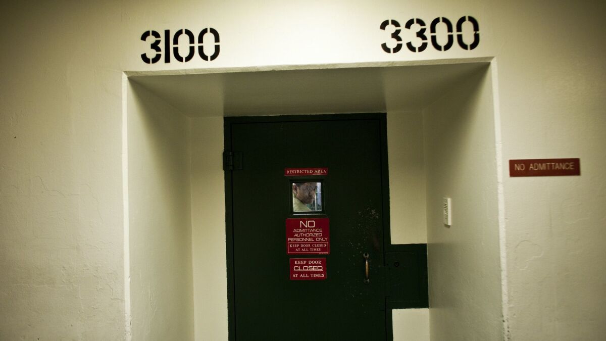 A deputy looks through the window of a security door at the Men's Central Jail in 2011.