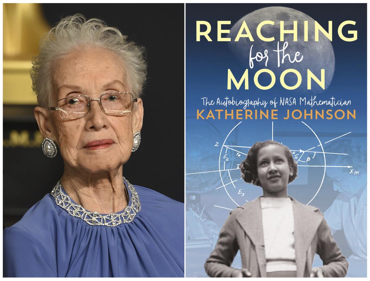 This combination photo shows, Katherine Johnson in the press room at the Oscars in Los Angeles on Feb. 26, 2017, left, and her book "Reaching For the Moon: The Autobiography of NASA Mathematician Katherine Johnson.