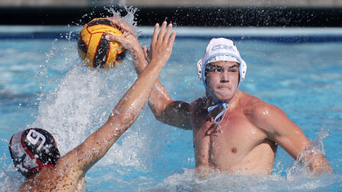 Corona del Mar senior Mitchell Cooper takes aim at the goal against Atherton Sacred Heart Prep on Oct. 7, 2017. Cooper earned the Pacific Coast League MVP award.