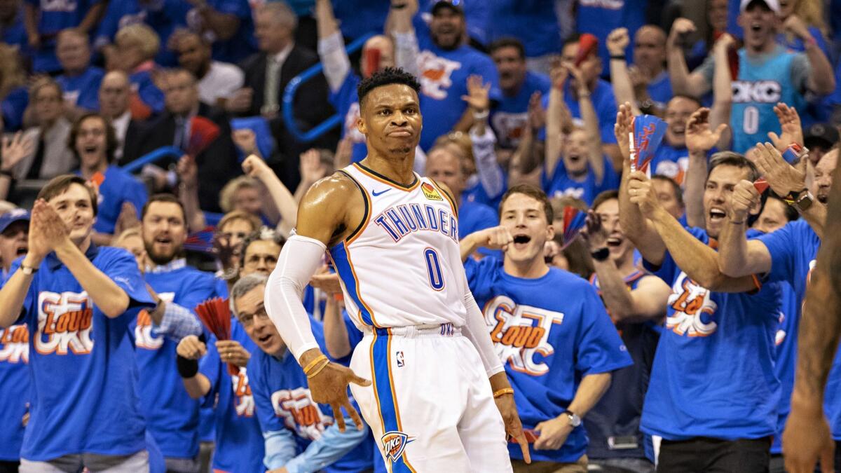 Russell Westbrook of the Oklahoma City Thunder celebrates after making a three-pointer against the Portland Trail Blazers on Sunday.
