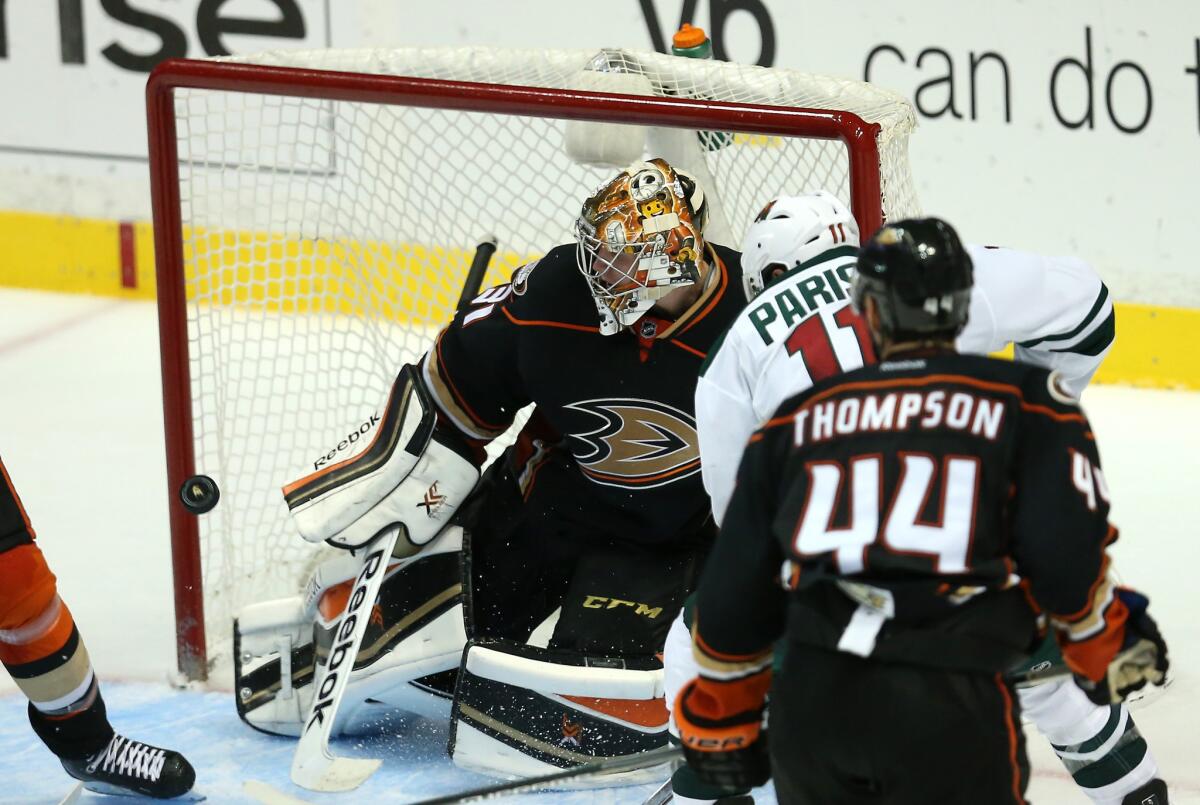 Ducks goalie Frederik Andersen makes a save Oct. 17 against the Minnesota Wild at Honda Center.