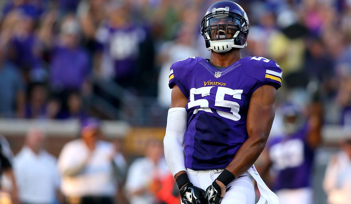 Vikings linebacker Anthony Barr, celebrating a sack earlier this season, had six tackles against the Lions on Sunday.