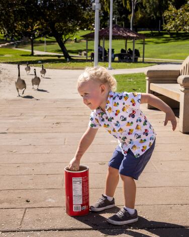 A young child reaches into a container to get food for the birds.