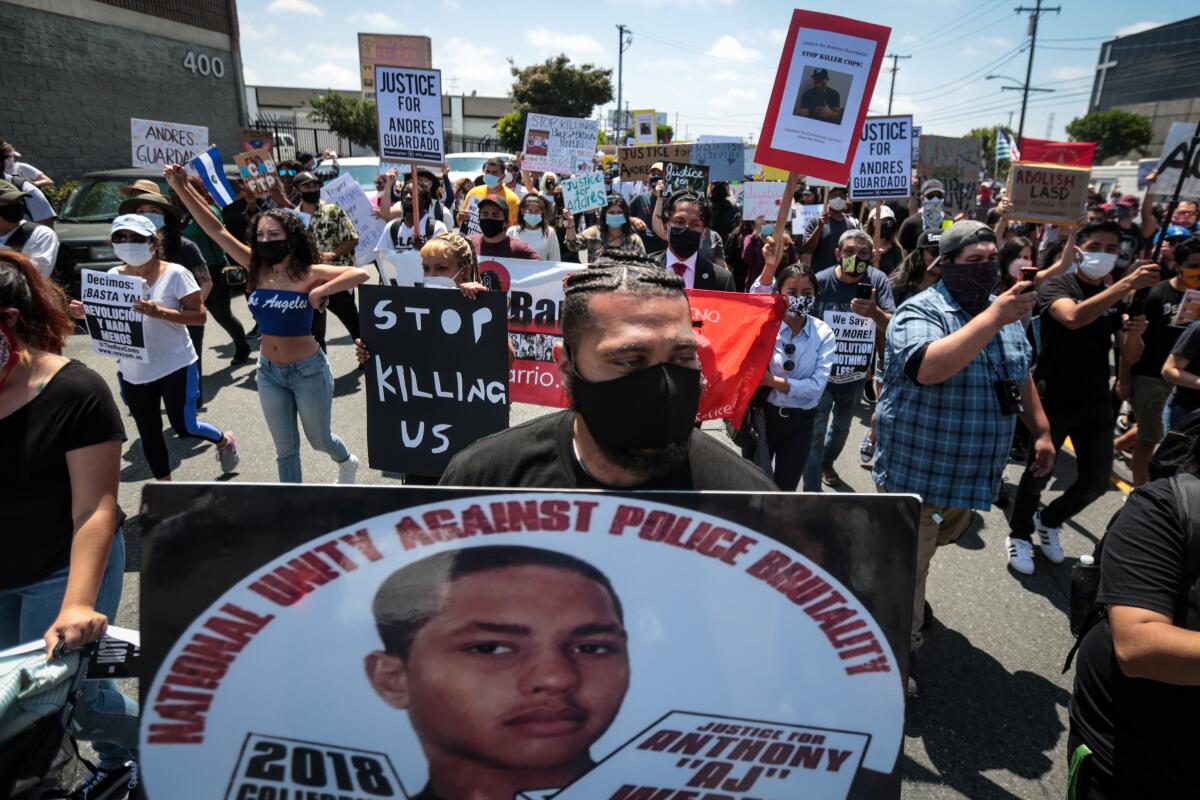 A rally for Andrés Guardado, who was fatally shot by an L.A. County sheriff's deputy in 2020
