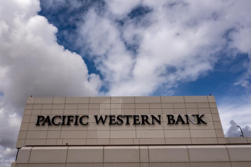 LOS ANGELES, CALIFORNIA - MAY 4: In an aerial view, a Pacific Western Bank sign is seen on May 4, 2023 in Los Angeles, California. Pacific Western Bank's stock plunged Thursday in the wake of other bank failures. Following an unusual outflow of deposits this week, PacWest Bancorp says it plans to sell a $2.7 billion loan portfolio. (Photo by David McNew/Getty Images)
