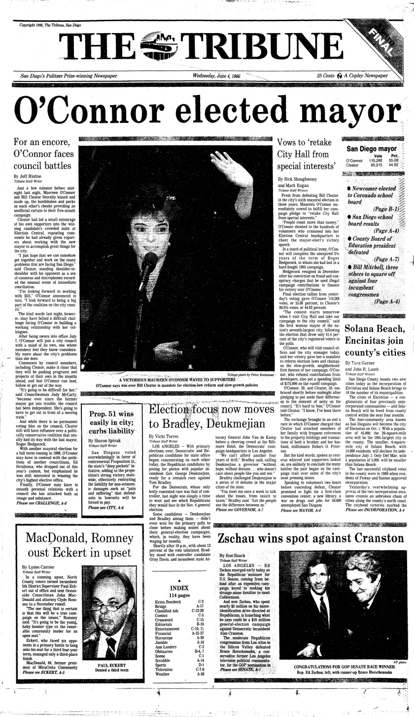 Front page of The Tribune from June 4, 1986 with the headline: "O'Connor elected mayor."