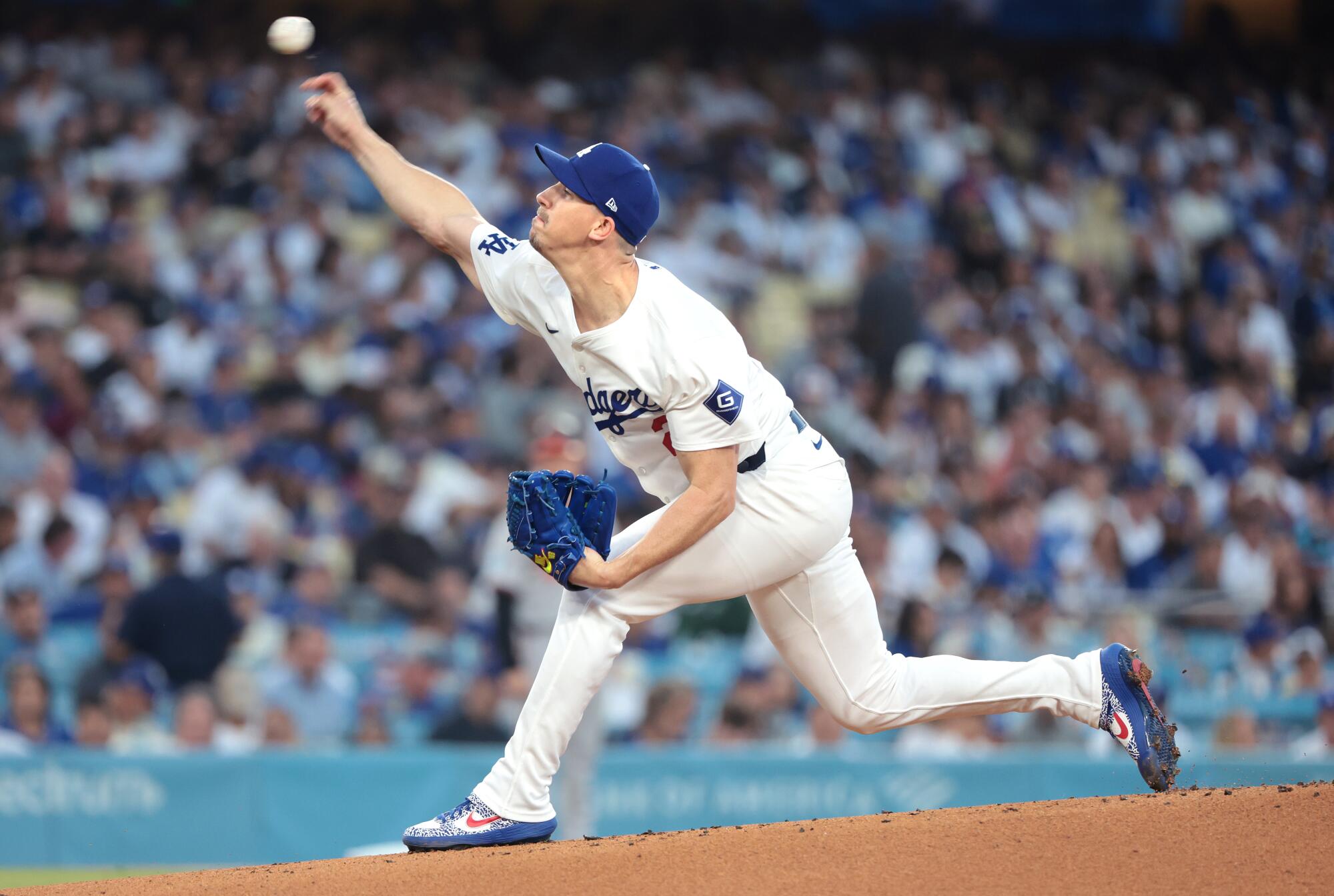 Dodgers pitcher Walker Buehler throws pitch against the Orioles at Dodger Stadium on Aug. 28.