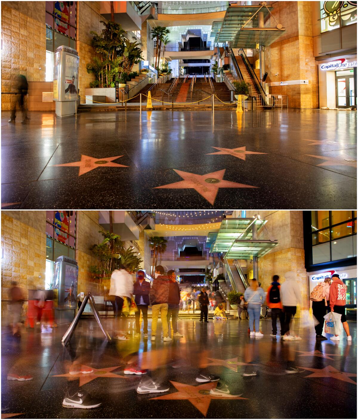 Paired photos of an empty Hollywood & Highland complex in March 2020 and a year later with scattered people.