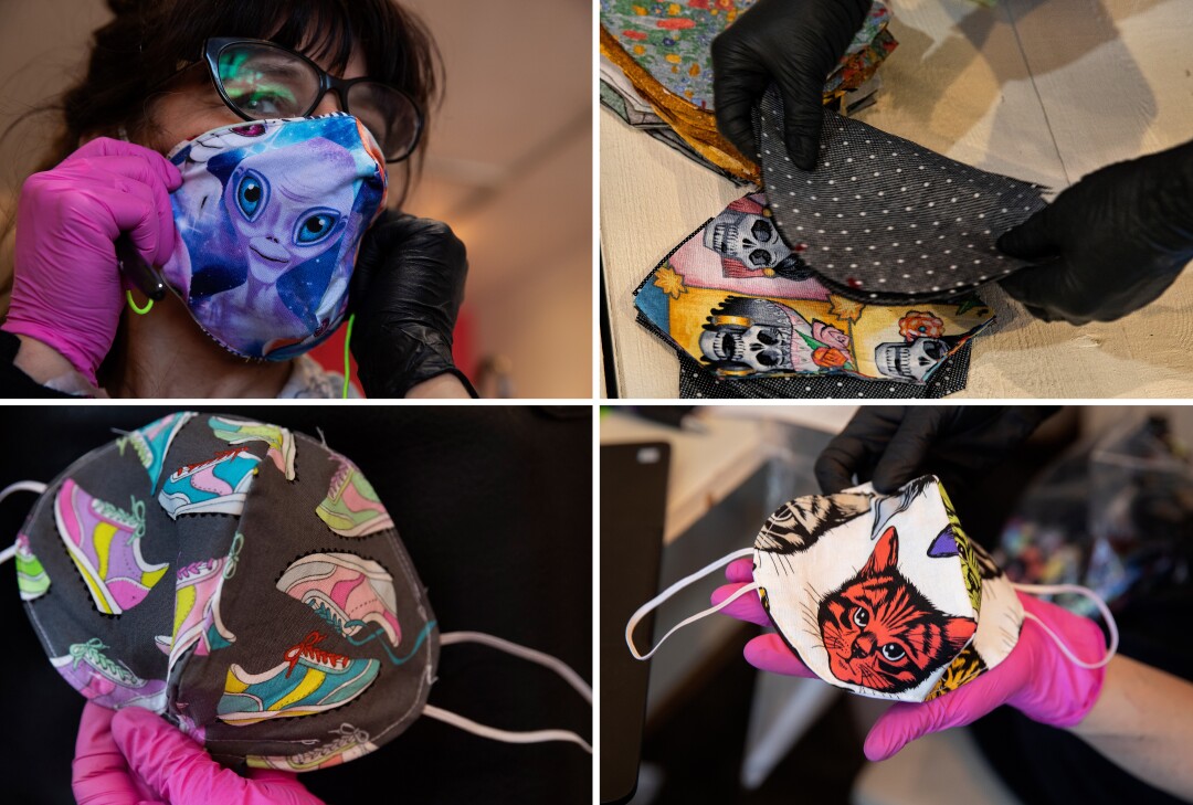 Laura Howe’s masks are made from leftover and donated fabric. The tennis shoe fabric was donated by Alexander Henry Fabrics in Burbank.