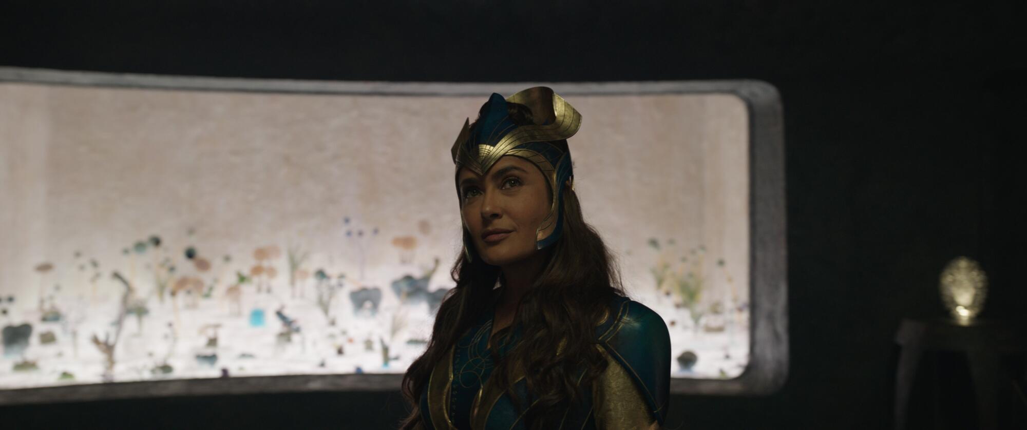 A woman with a superhero headpiece 