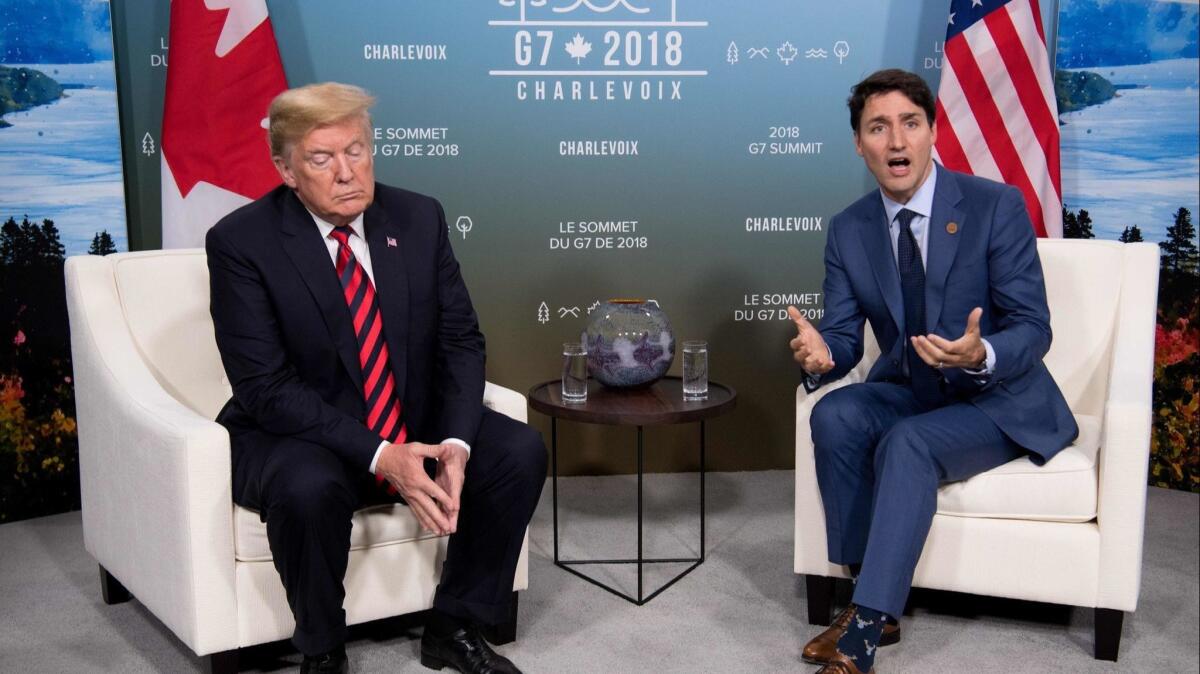 President Trump and Canadian Prime Minister Justin Trudeau hold a meeting on the sidelines of the G-7 Summit in La Malbaie on June 8.