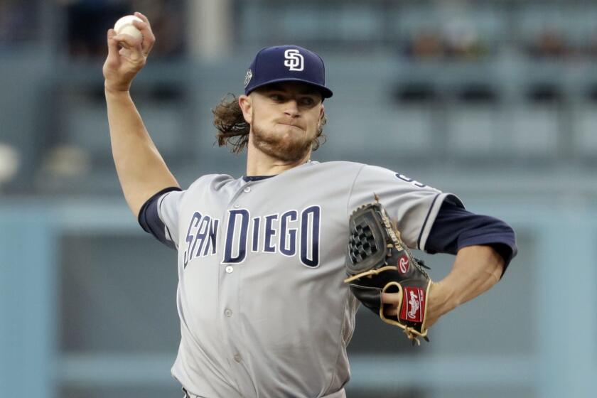 San Diego Padres starting pitcher Chris Paddack throws to a Los Angeles Dodgers batter during the first inning of a baseball game Tuesday, May 14, 2019, in Los Angeles. (AP Photo/Marcio Jose Sanchez)